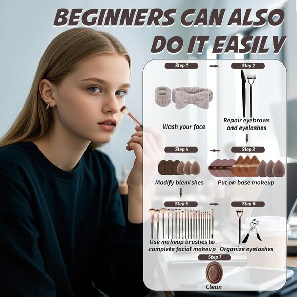 🆕Women Brown Brush Set 52Pcs Makeup Tool Premium Synthetic Eye Makeup Brushes - Picture 3 of 9